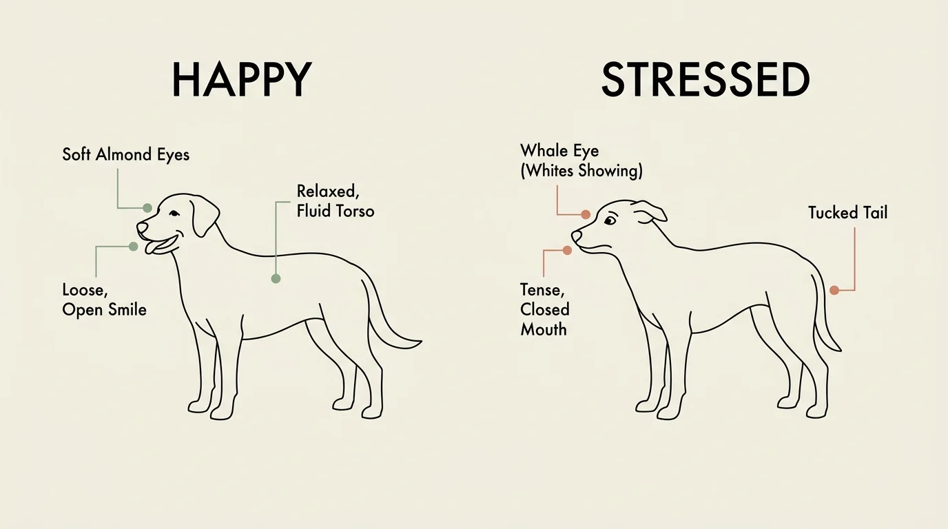 A minimalist infographic comparing happy and stressed dog body language cues side-by-side with clear labels.
