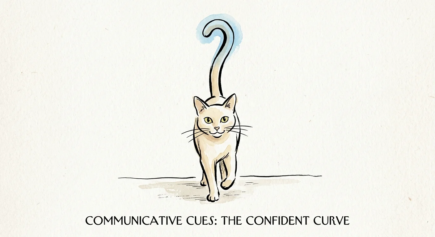 A minimalist ink and watercolor drawing of a cat walking forward with its tail raised in a clear question mark curve.