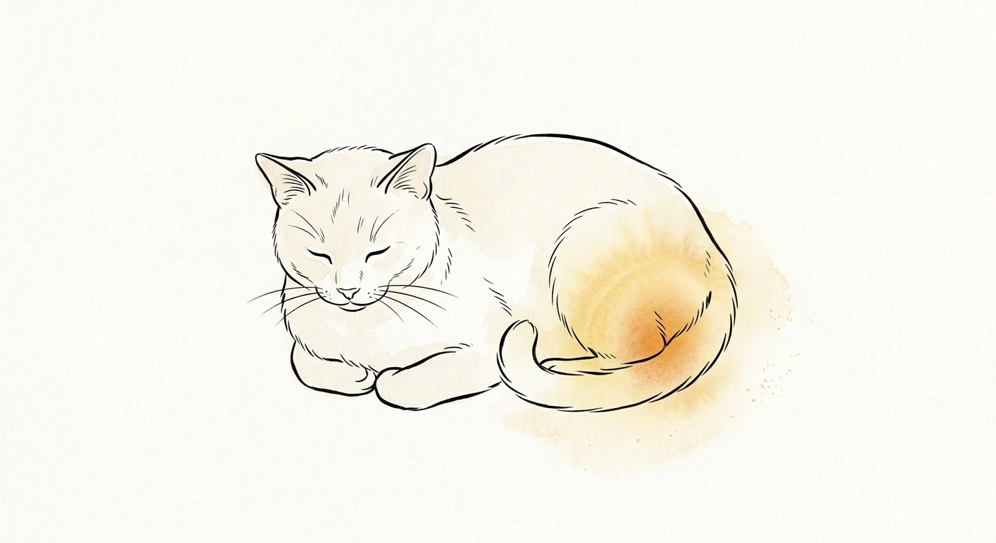 A minimalist watercolor illustration of a resting cat with a soft golden glow on its rear leg, representing joint pain.