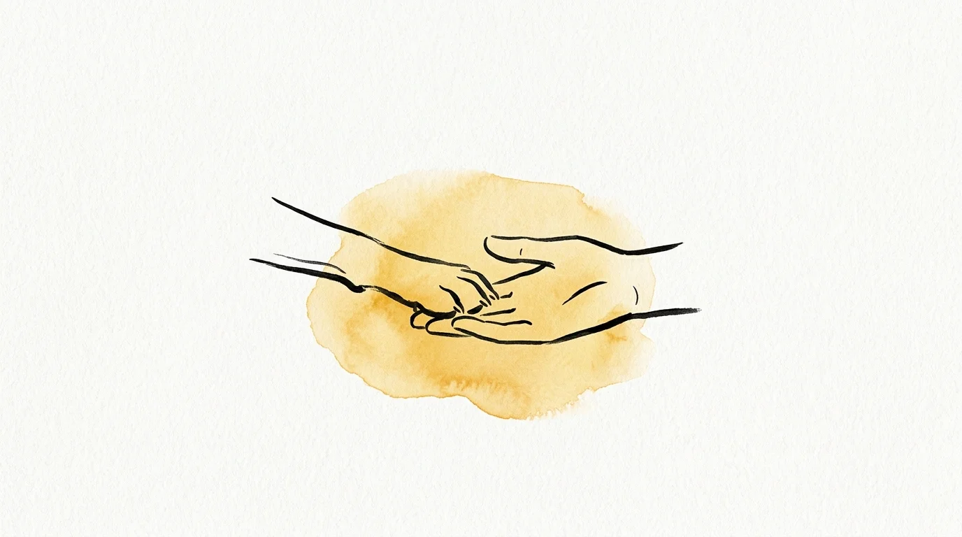 A minimalist watercolor of a dog paw resting next to a human hand on a soft wash of golden paint, symbolizing trust and quiet support.