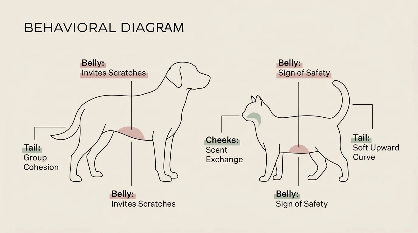 A modern behavioral diagram comparing the physical affection signals of a dog and a cat with clean labels pointing to different body parts.