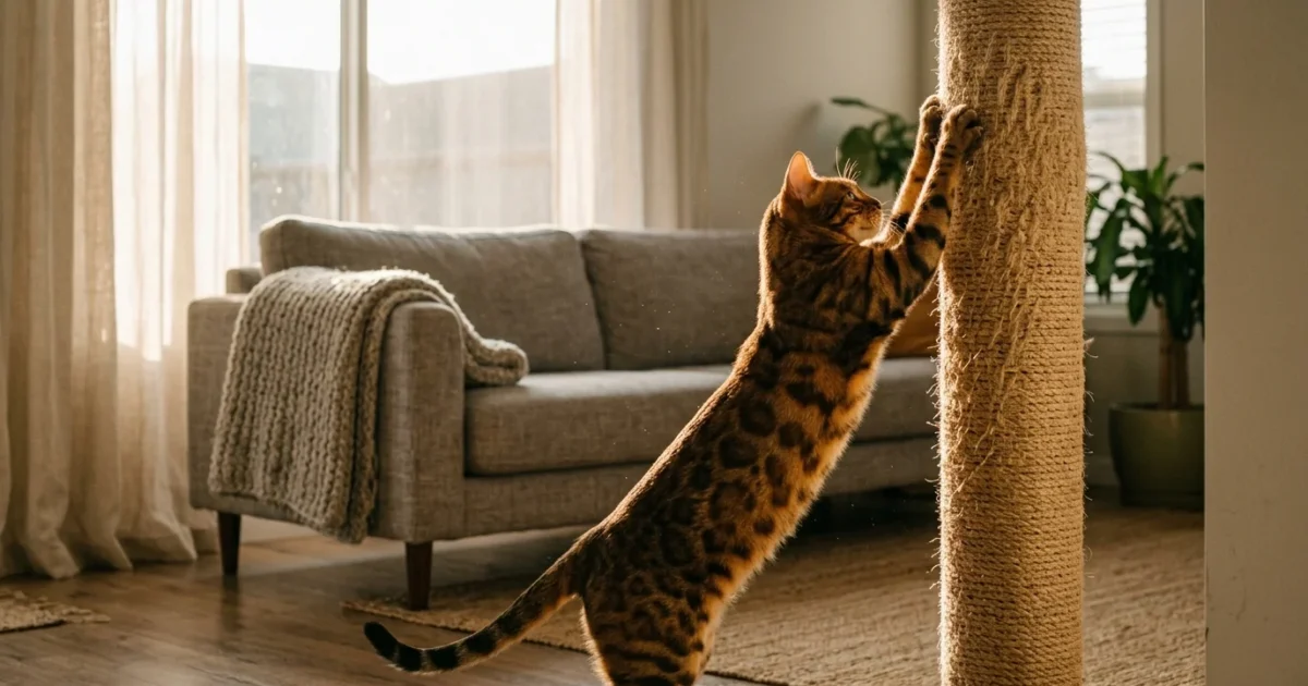 A spotted Bengal cat stretches upward while sharpening its claws on a tall sisal rope scratching post in a living room.