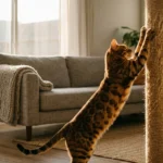 A spotted Bengal cat stretches upward while sharpening its claws on a tall sisal rope scratching post in a living room.