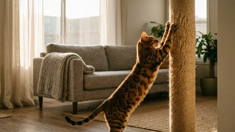A spotted Bengal cat stretches upward while sharpening its claws on a tall sisal rope scratching post in a living room.