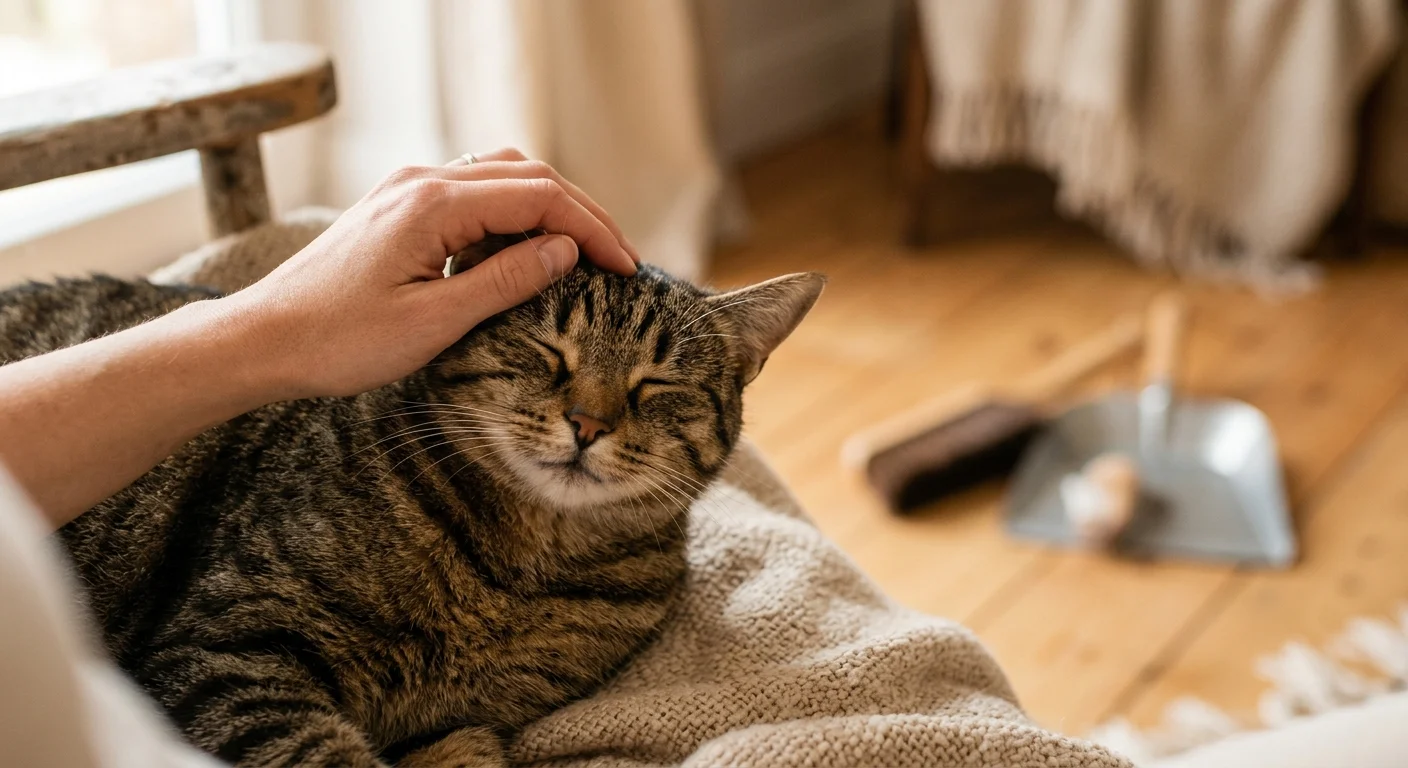 A person gently pets a contented tabby cat with a small broom and dustpan visible in the soft-focus background.