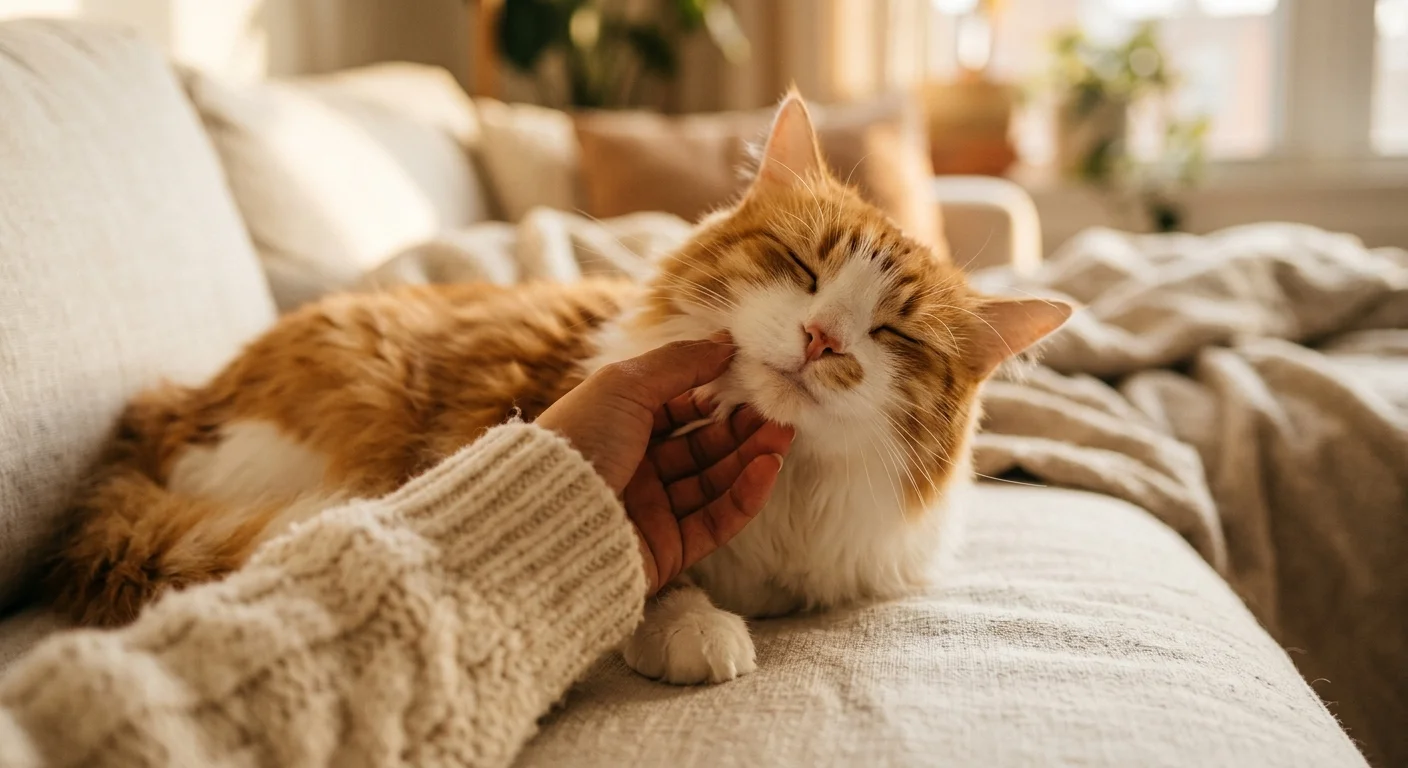 A person's hand gently scratches a blissful ginger cat's chin on a linen couch instead of touching its belly.