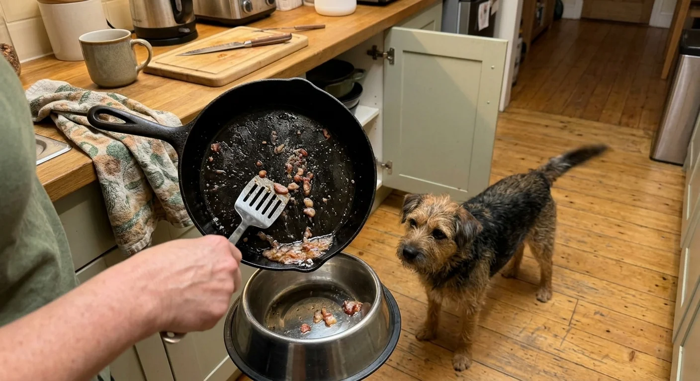 A person's hand scraping grease from a cast-iron pan into a dog's food bowl in a cozy, cluttered kitchen.
