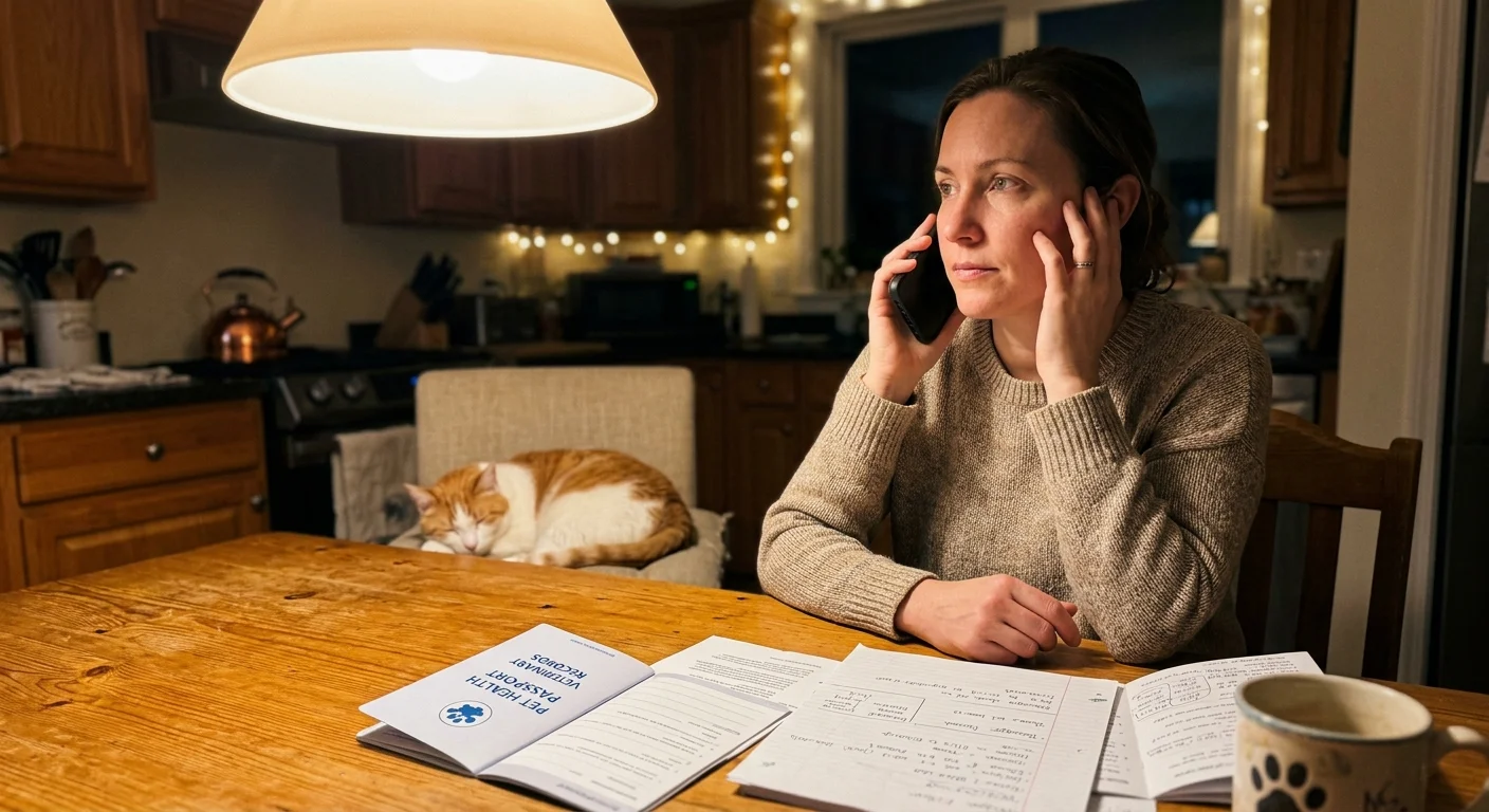A pet owner at their kitchen table talking on the phone next to pet health paperwork.