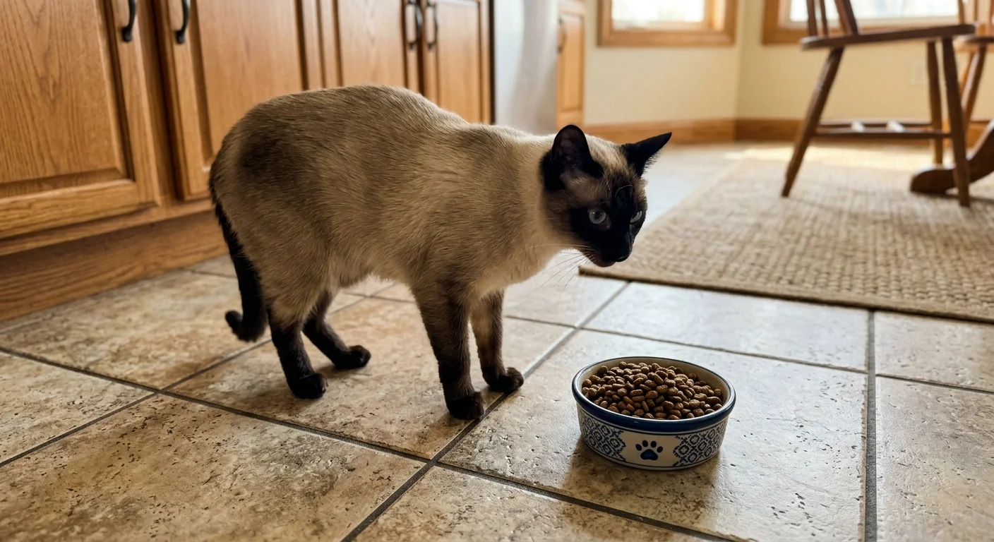 A photograph looking down at a Siamese cat hesitantly standing near its full food bowl on a kitchen floor.