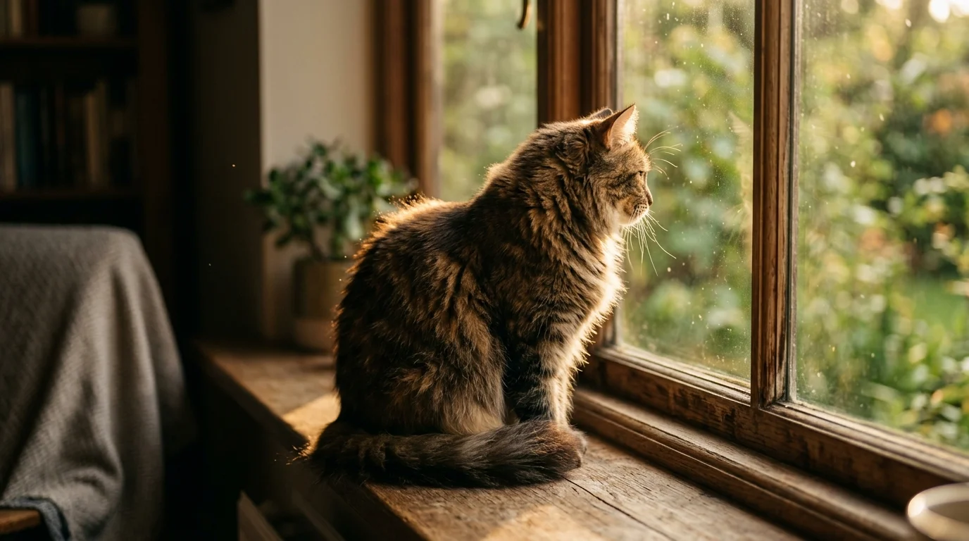 A photograph of a fluffy cat sitting on a windowsill, silhouetted by warm golden hour sunlight.