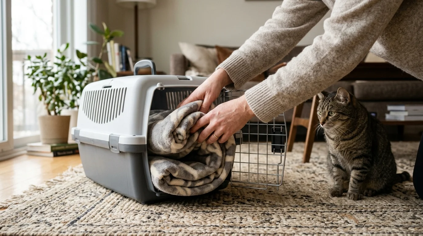 A photograph of a person gently preparing a cat carrier with a soft blanket on a living room rug.
