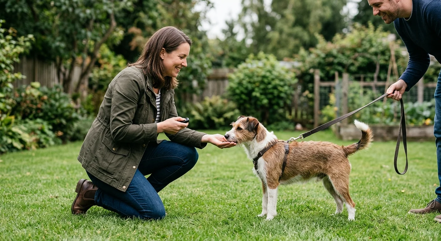 A photograph of a professional dog trainer kneeling on a lawn, gently working with an attentive dog and its owner.