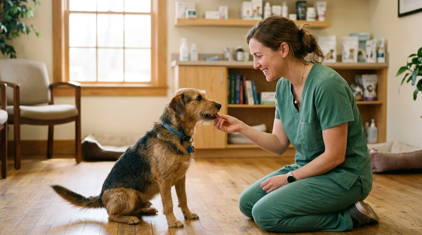 A photograph of a veterinarian kneeling on the floor to gently greet a dog in a sunlit clinic.