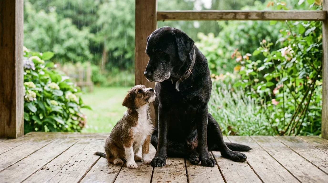 A photograph of an older, calm black Labrador and a curious puppy sitting together on a porch during a light rain.