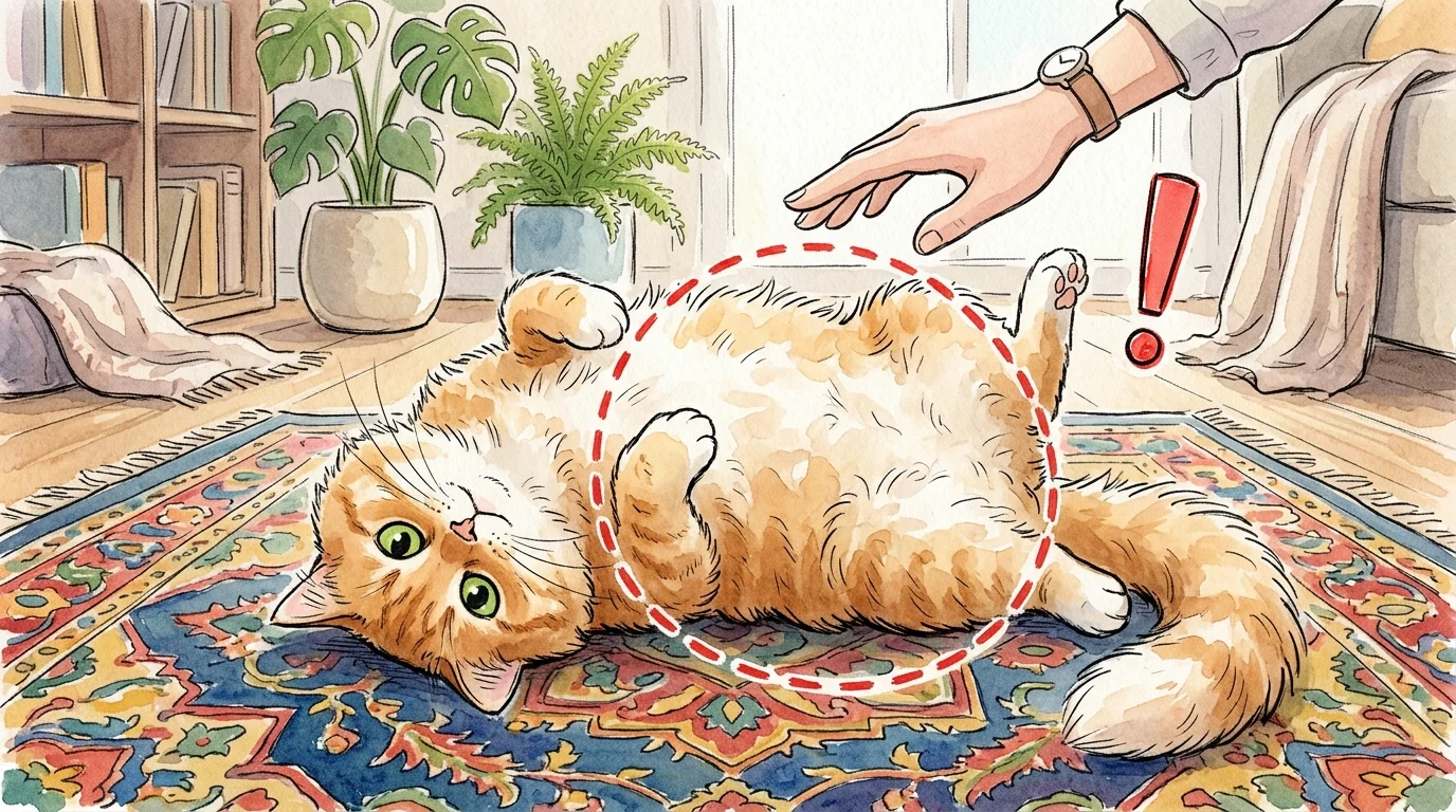 A playful watercolor illustration showing a cat on its back with its belly exposed, with a gentle red warning circle around the belly.