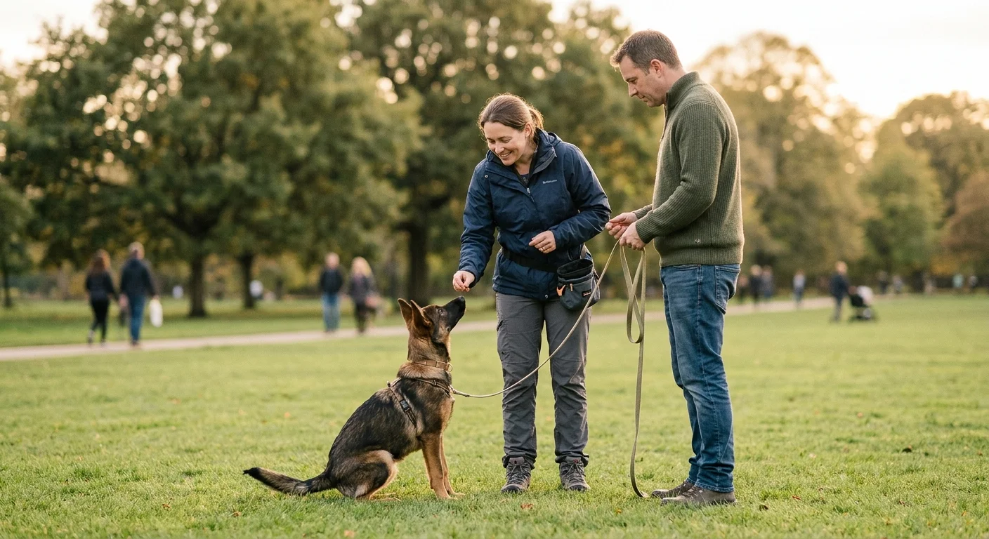 A professional dog trainer guides an owner and their active dog during a positive-reinforcement training session in a green park.