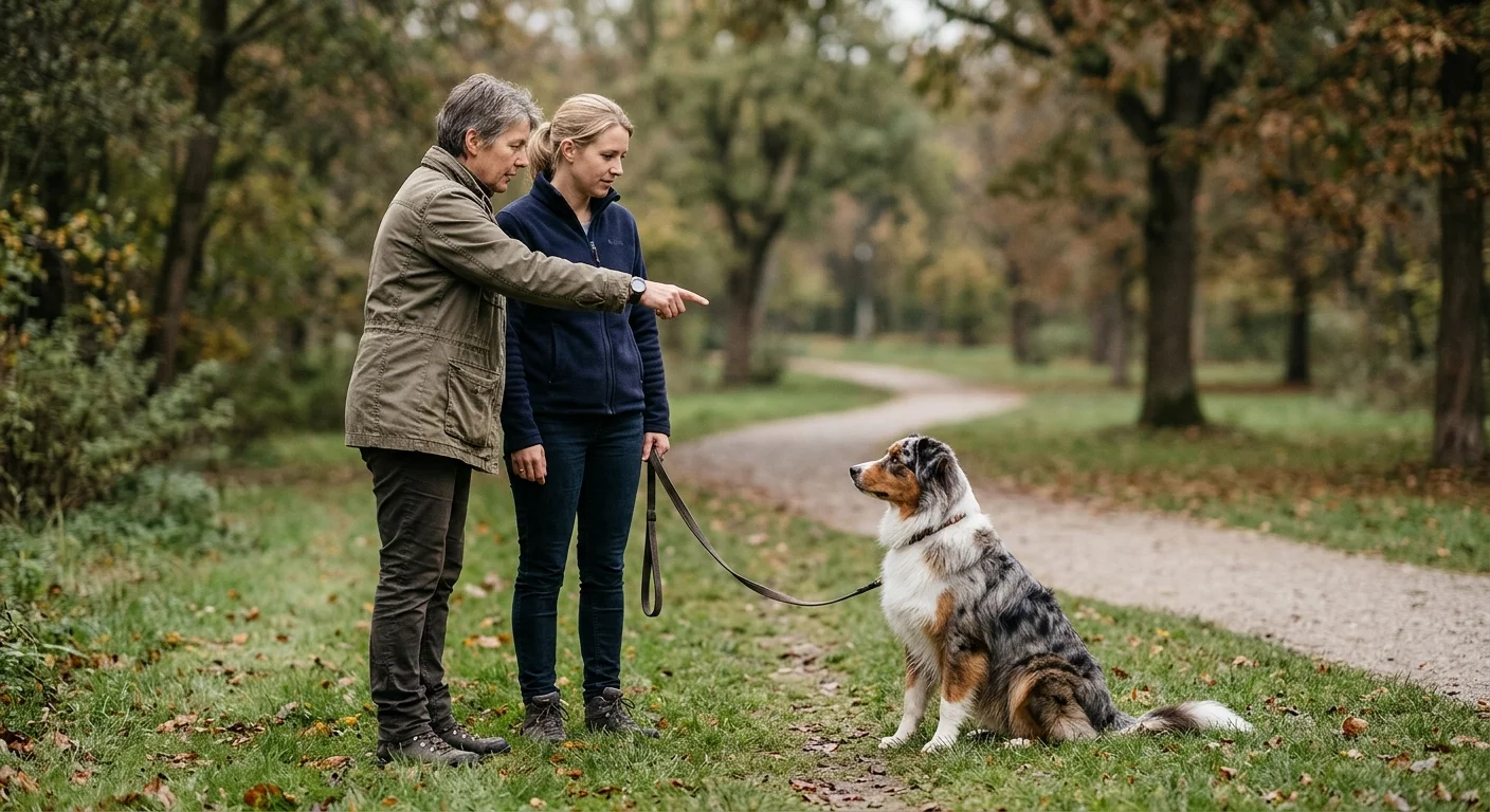 A professional dog trainer guiding an owner and their Australian Shepherd during an outdoor training session in a park.
