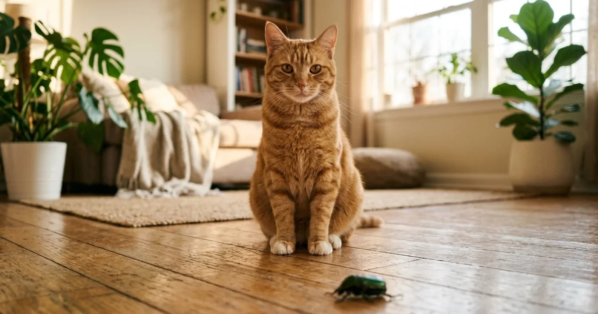 A proud ginger tabby cat sits on a sunlit wooden floor next to a metallic green bug it has brought as a gift.