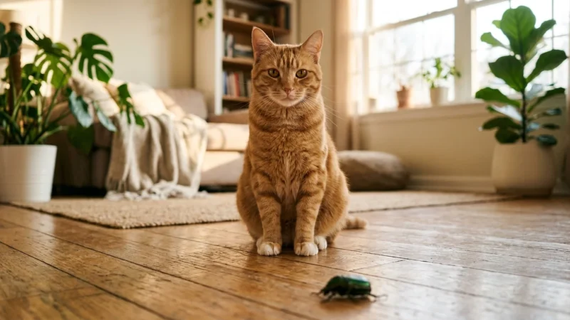 A proud ginger tabby cat sits on a sunlit wooden floor next to a metallic green bug it has brought as a gift.