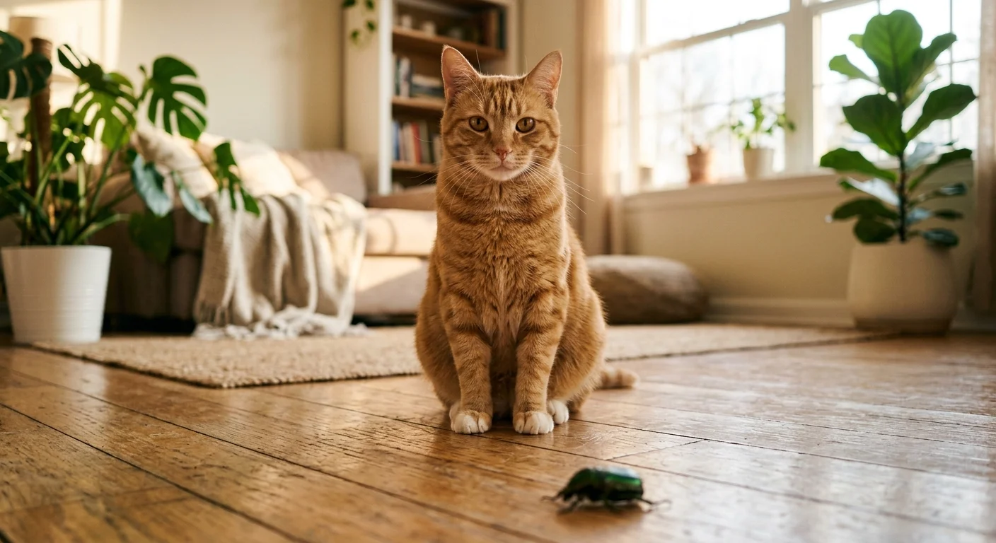 A proud ginger tabby cat sits on a sunlit wooden floor next to a metallic green bug it has brought as a gift.