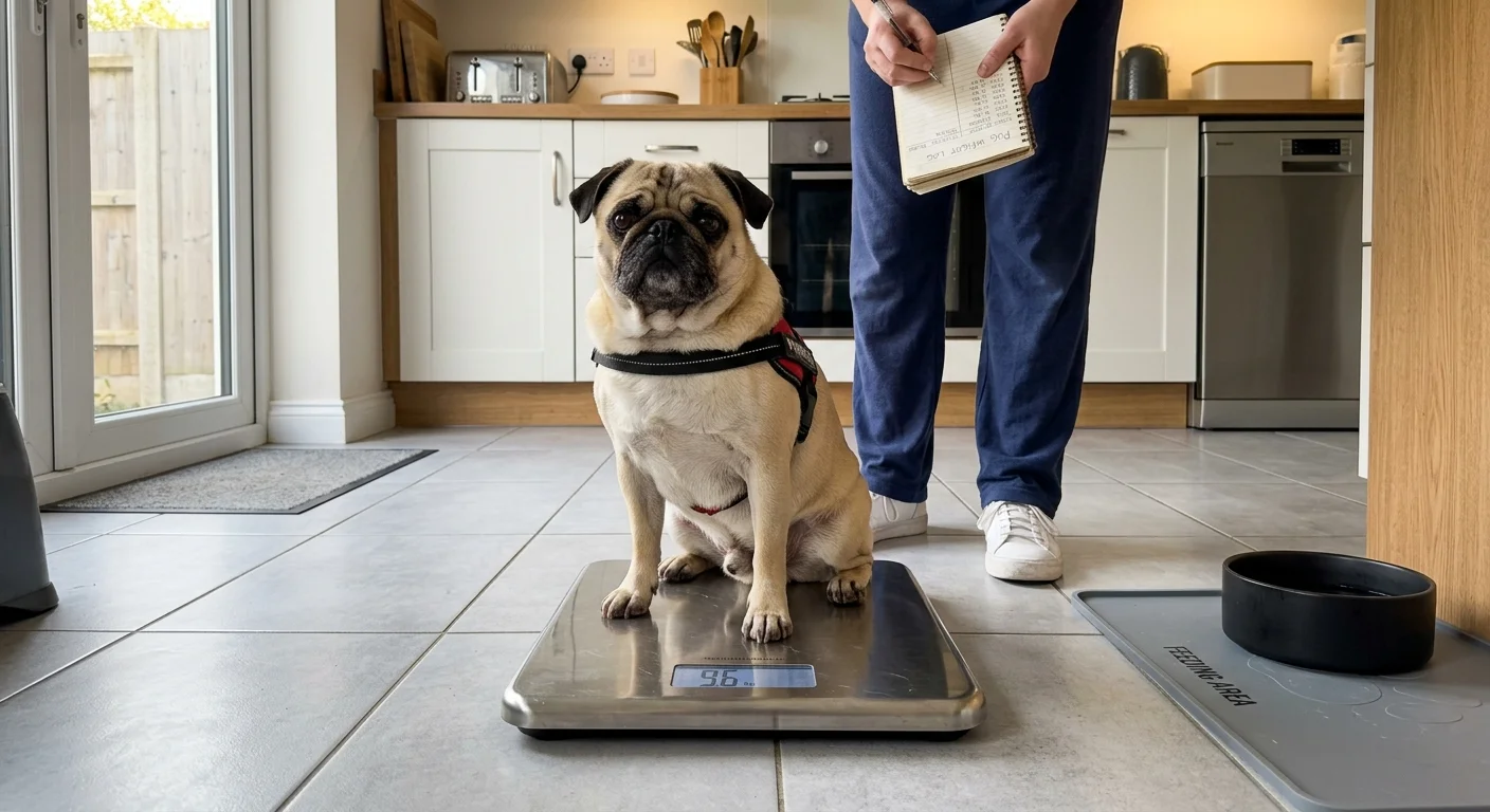 A Pug sitting on a stainless steel pet scale on a tiled kitchen floor during a routine weight check.