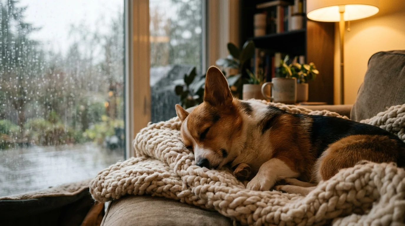 A relaxed Corgi sleeping deeply on a knit blanket while rain falls outside the window.