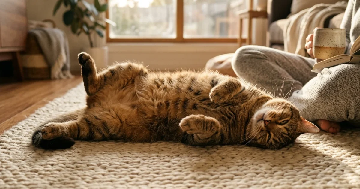 A relaxed tabby cat stretches out on its back on a warm living room rug, displaying its soft belly in a sunlit home.