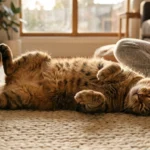 A relaxed tabby cat stretches out on its back on a warm living room rug, displaying its soft belly in a sunlit home.