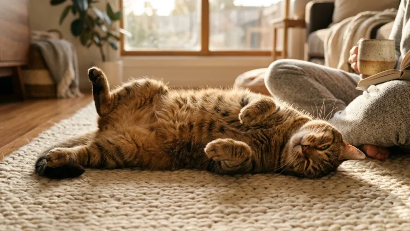 A relaxed tabby cat stretches out on its back on a warm living room rug, displaying its soft belly in a sunlit home.