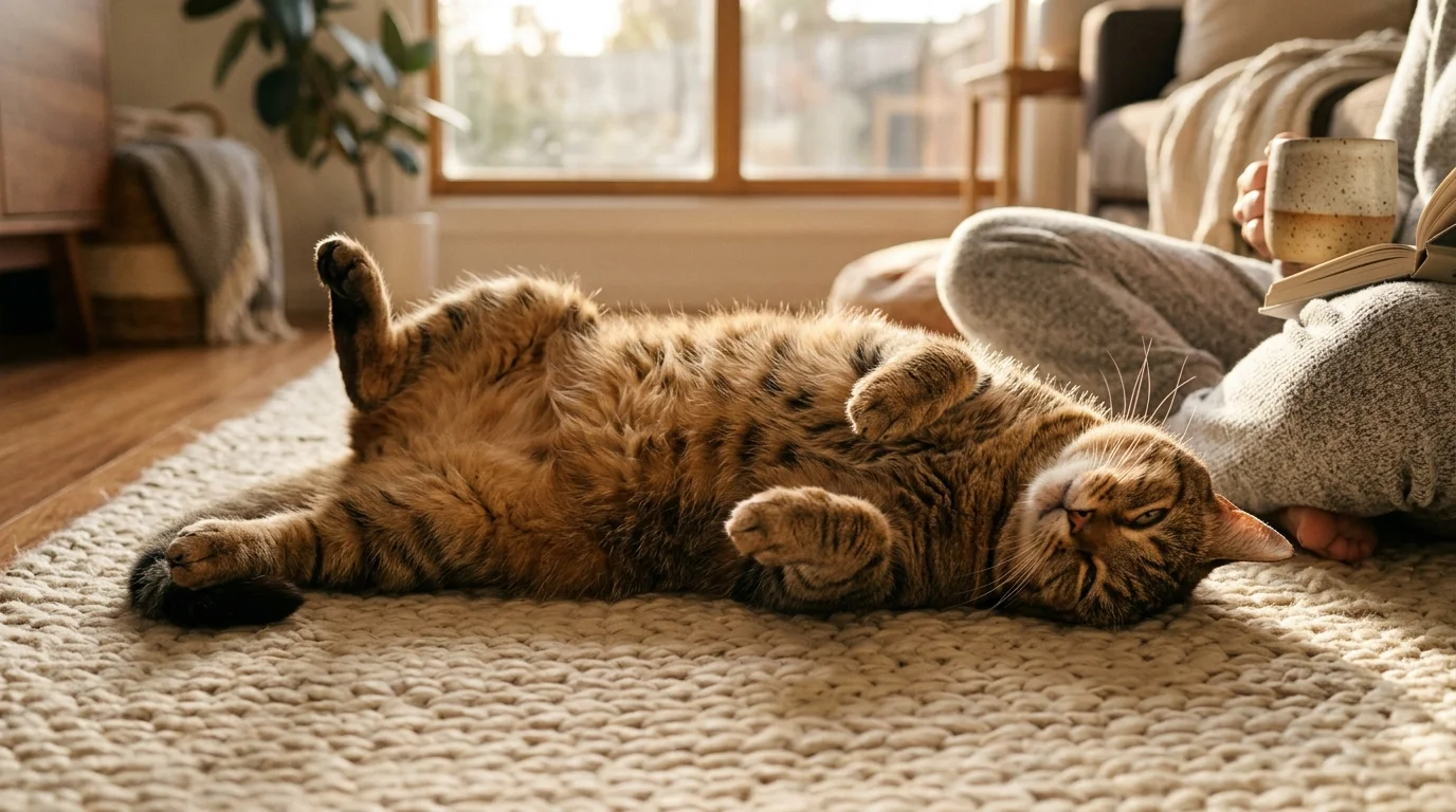 A relaxed tabby cat stretches out on its back on a warm living room rug, displaying its soft belly in a sunlit home.