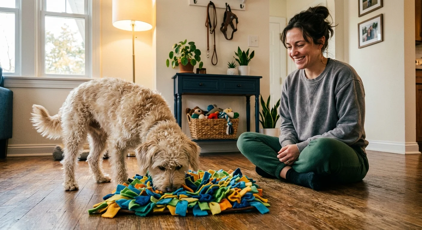 A fluffy dog searches for treats in a colorful snuffle mat on a wooden floor while a smiling woman sits and watches.