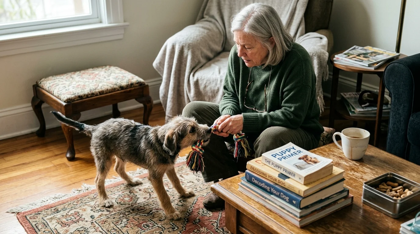 Older woman kneeling in a living room and playing tug-of-war with a small puppy next to a stack of dog training books.