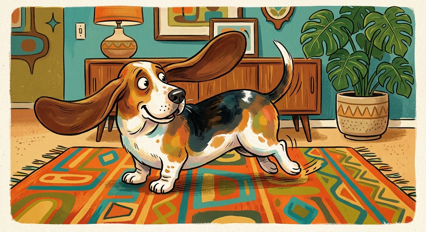 A retro-style illustration of a basset hound scooting on a colorful living room rug with a comical expression.