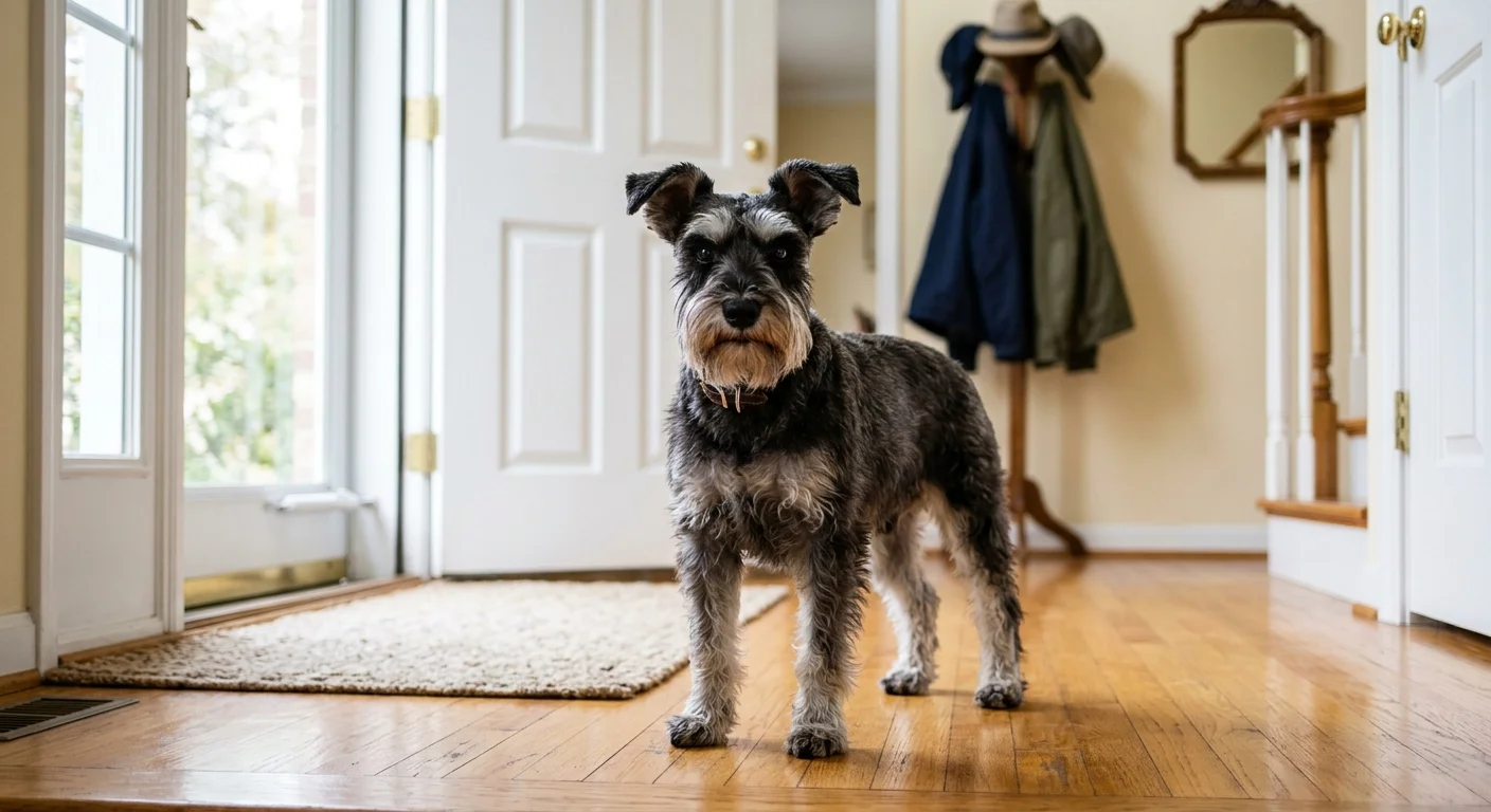 A salt-and-pepper Miniature Schnauzer stands alert in a home entryway with hardwood floors and an open front door.