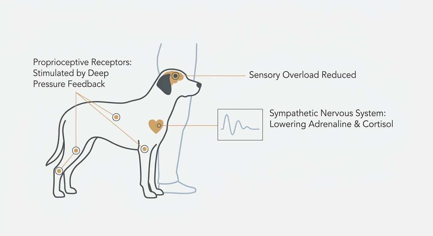 A scientific diagram showing how physical pressure stimulates a dog's proprioceptive receptors to reduce nervous system arousal.