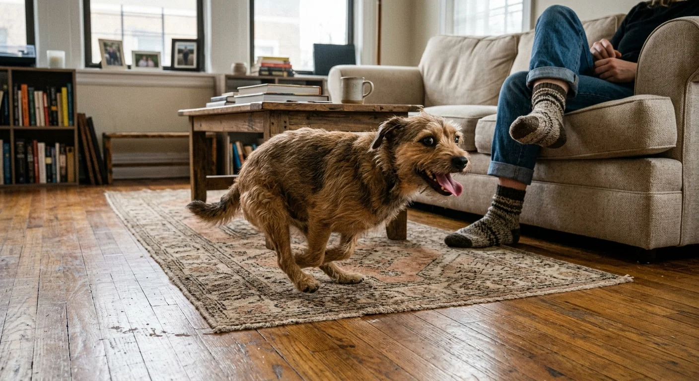A scruffy brown dog runs at full speed across an area rug in a living room beside a person on the sofa.
