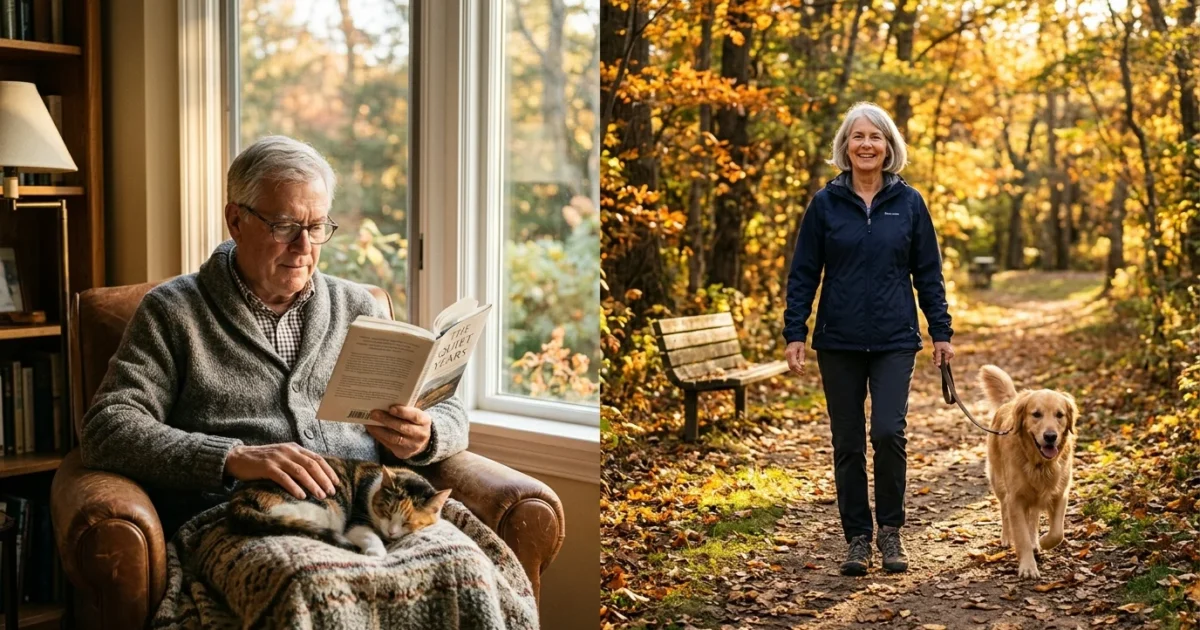A split scene of a man reading with a cat on his lap and a woman walking a dog along an autumn trail.