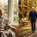 A split scene of a man reading with a cat on his lap and a woman walking a dog along an autumn trail.