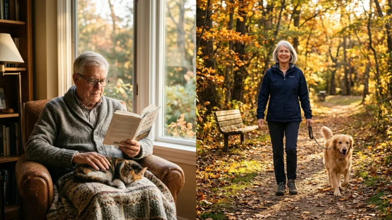 A split scene of a man reading with a cat on his lap and a woman walking a dog along an autumn trail.