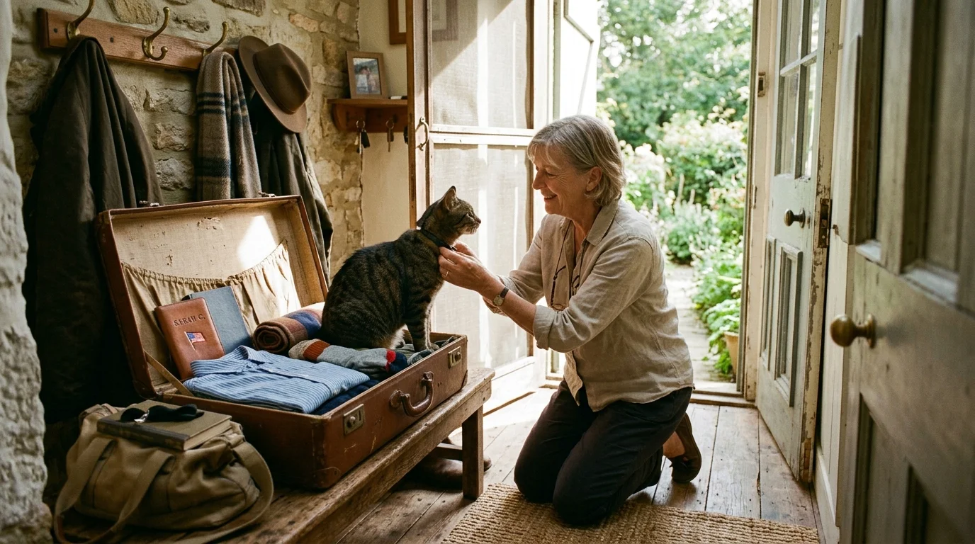 A smiling woman kneels on the floor by an open doorway, petting a tabby cat sitting inside an open, packed suitcase.