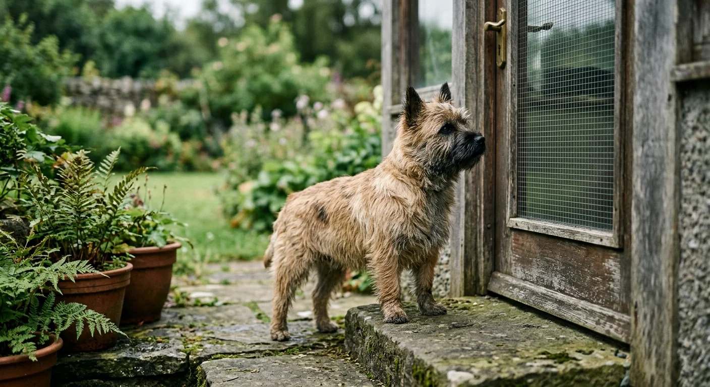 Small tan Cairn Terrier standing alert on a stone doorstep outside a rustic wooden door in a garden.