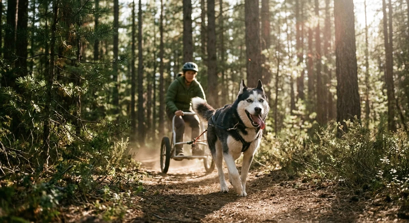 A Siberian Husky runs joyfully down a forest trail, pulling a rig through sun-dappled pine trees.