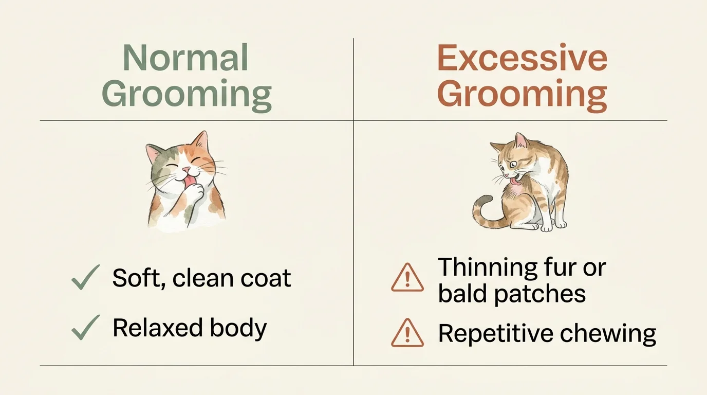 A side-by-side comparison chart showing normal grooming characteristics versus warning signs of excessive licking.