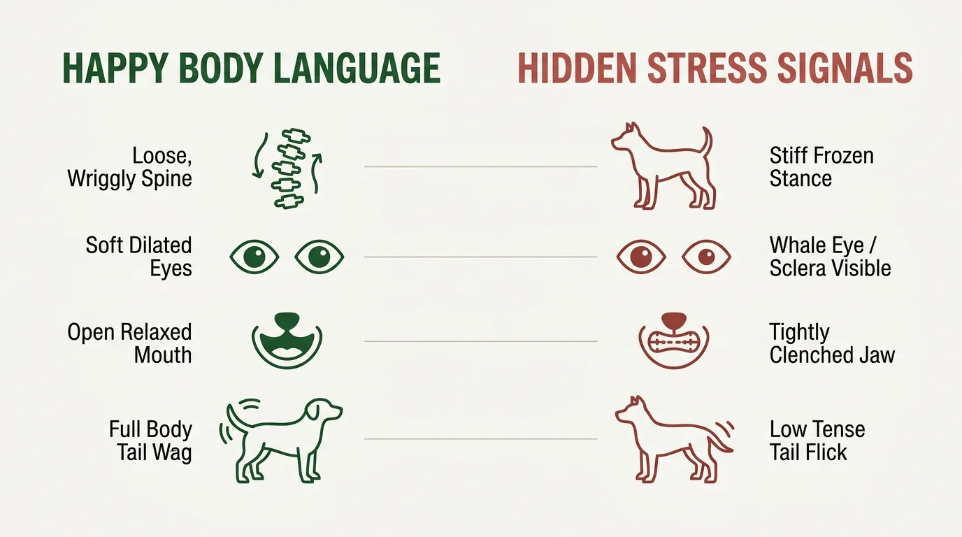 Diagram comparing canine happy body language icons in green with hidden stress signals icons in red.
