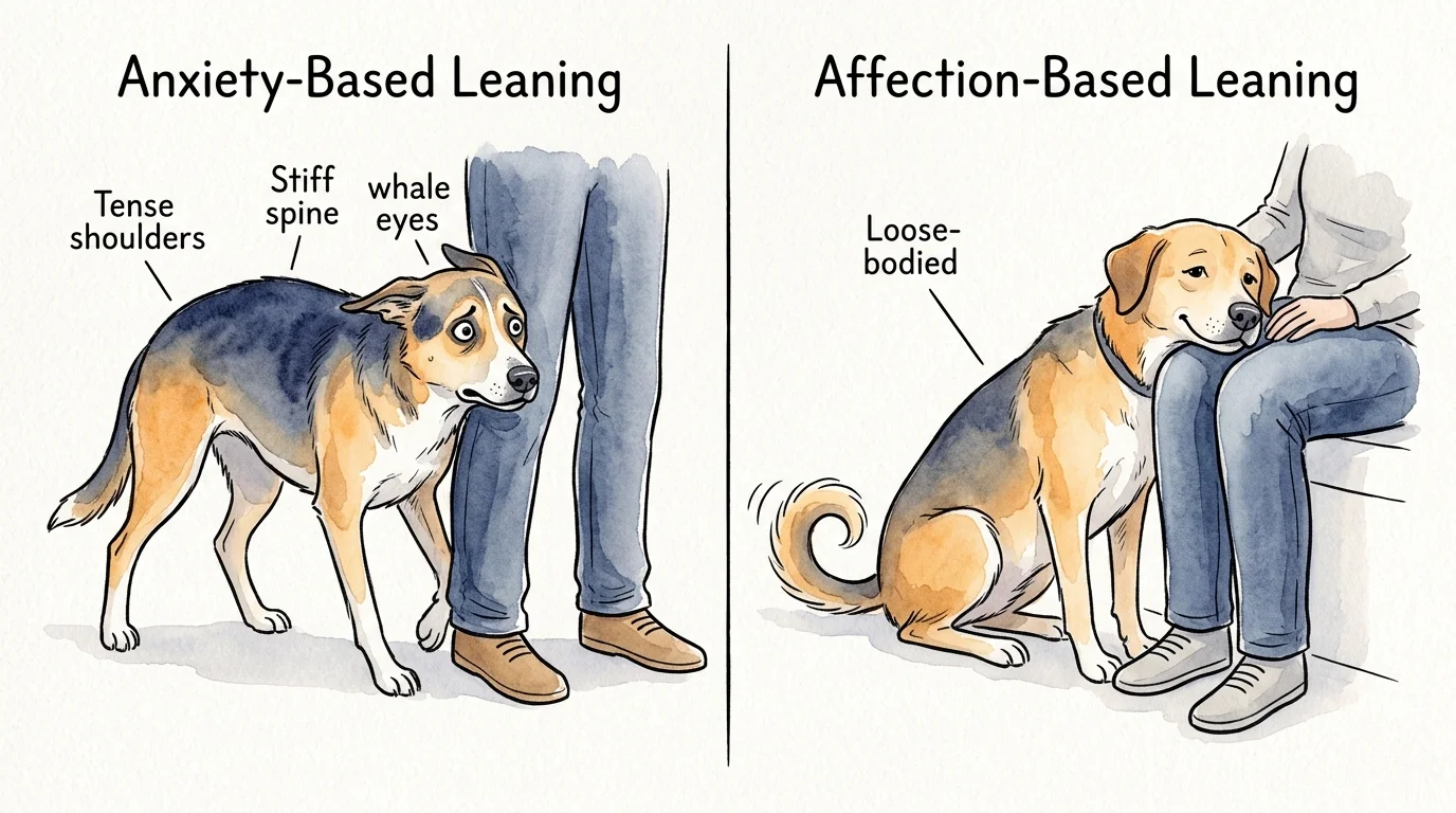 A side-by-side watercolor illustration comparing a tense dog leaning in anxiety versus a relaxed dog leaning in affection.