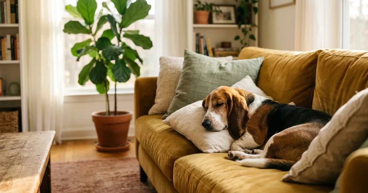A sleepy Basset Hound lounging lazily on a cozy mustard-yellow velvet sofa in a warm, sunlit living room.