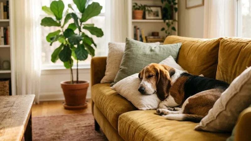 A sleepy Basset Hound lounging lazily on a cozy mustard-yellow velvet sofa in a warm, sunlit living room.