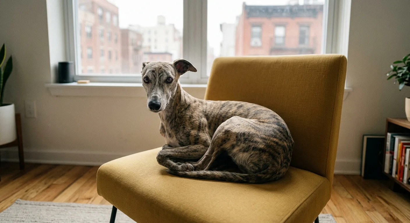 A slender brindle Whippet curled up neatly on a modern mustard-yellow armchair in front of an apartment window.