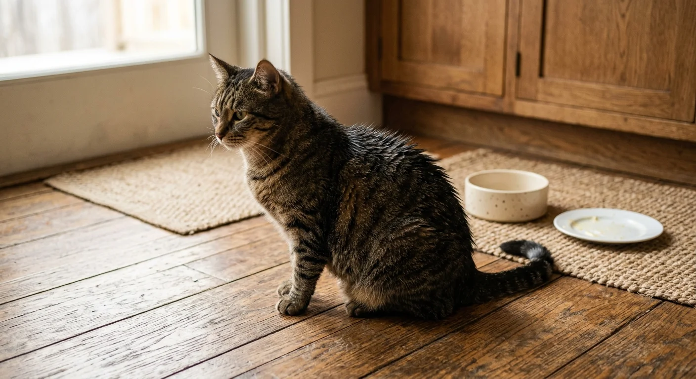 A slightly chubby tabby cat with greasy-looking fur sitting on a wooden kitchen floor near an empty plate.