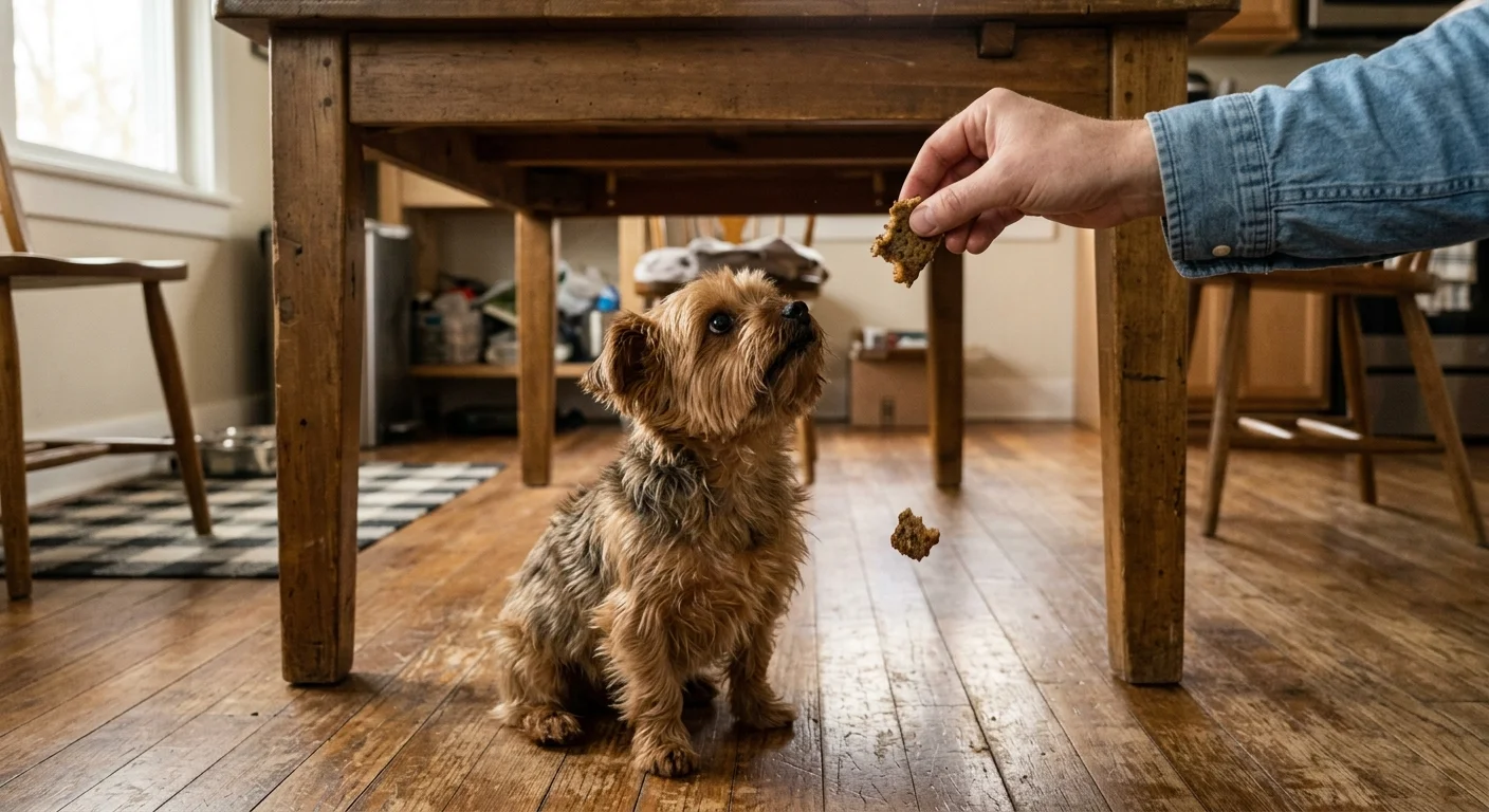 A small Yorkshire Terrier under a wooden table looks up as a table scrap is accidentally dropped from above.